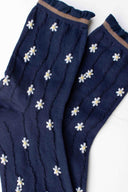 Wavy Daisy Cotton Blend Socks: Navy