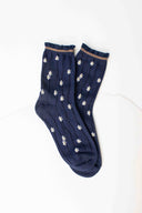 Wavy Daisy Cotton Blend Socks: Navy