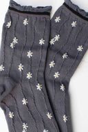 Wavy Daisy Cotton Blend Socks: Navy