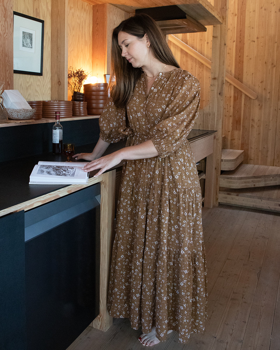 Women's Long Sleeve Brown Floral Maxi Dress