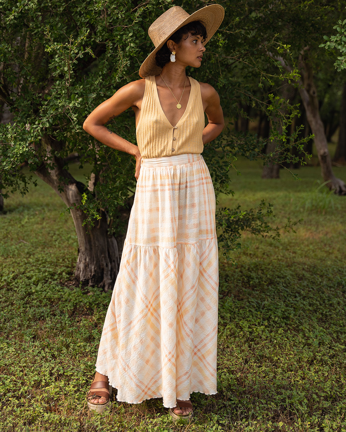 Lightweight maxi skirt with gingham print detail and effortless style