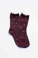 Mini Heart Ruffle Cotton Blend Socks: Wine/Gold