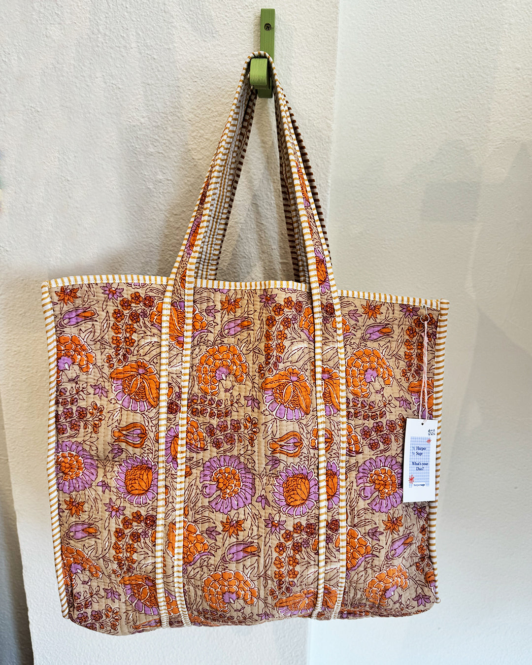 Block Print Quilted Tote Bag, Fall Flora