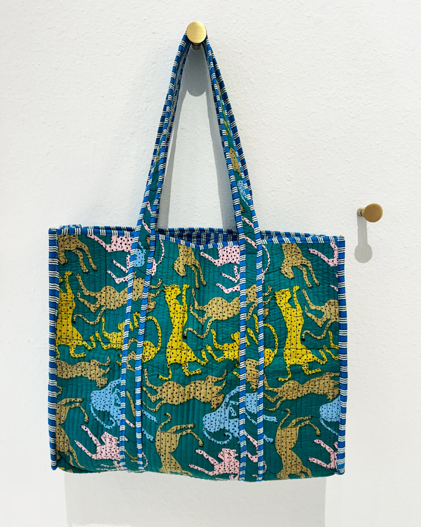 Block Print Quilted Tote Bag, Multi Teal Lepoard