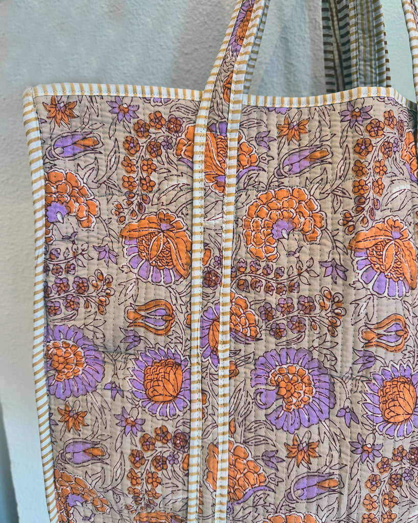 Block Print Quilted Tote Bag, Fall Flora