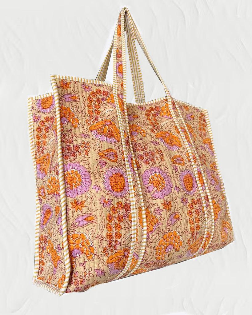 Block Print Quilted Tote Bag, Fall Flora