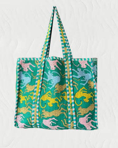 Block Print Quilted Tote Bag, Multi Teal Lepoard