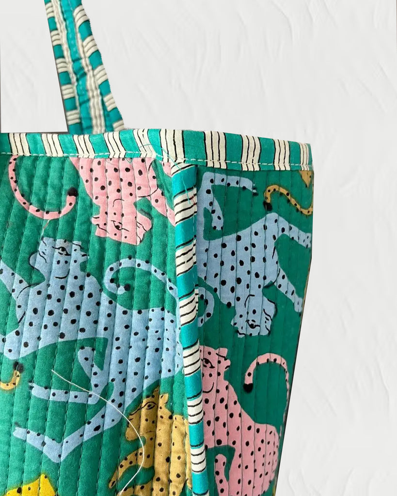 Block Print Quilted Tote Bag, Multi Teal Lepoard