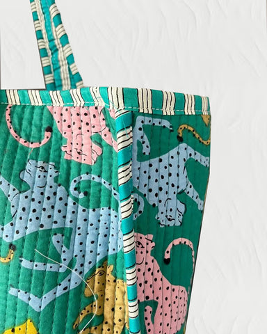 Block Print Quilted Tote Bag, Multi Teal Lepoard