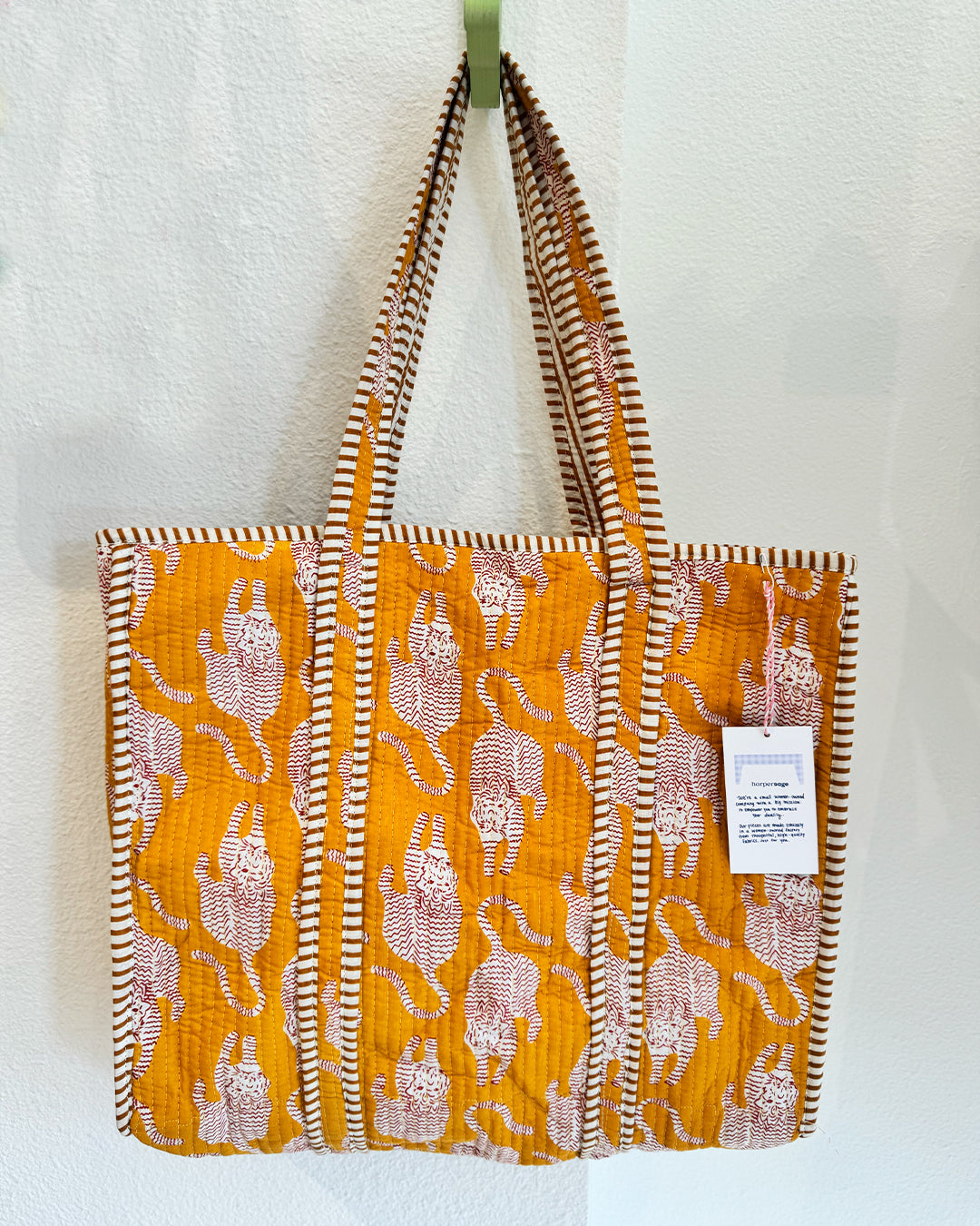 Block Print Quilted Tote Bag, Mustard Tiger