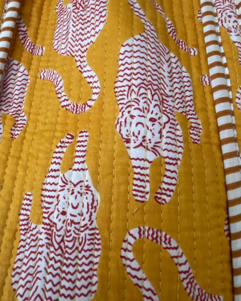 Block Print Quilted Tote Bag, Mustard Tiger