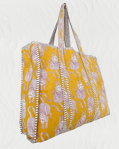 Block Print Quilted Tote Bag, Mustard Tiger