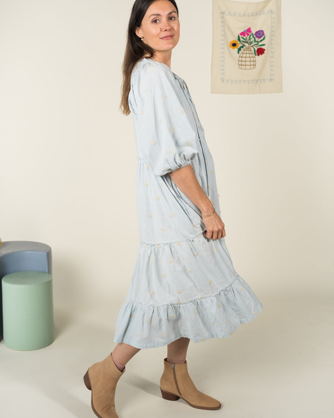 Harper Secret Garden Dress I Blue Gingham Tiered Midi Dress