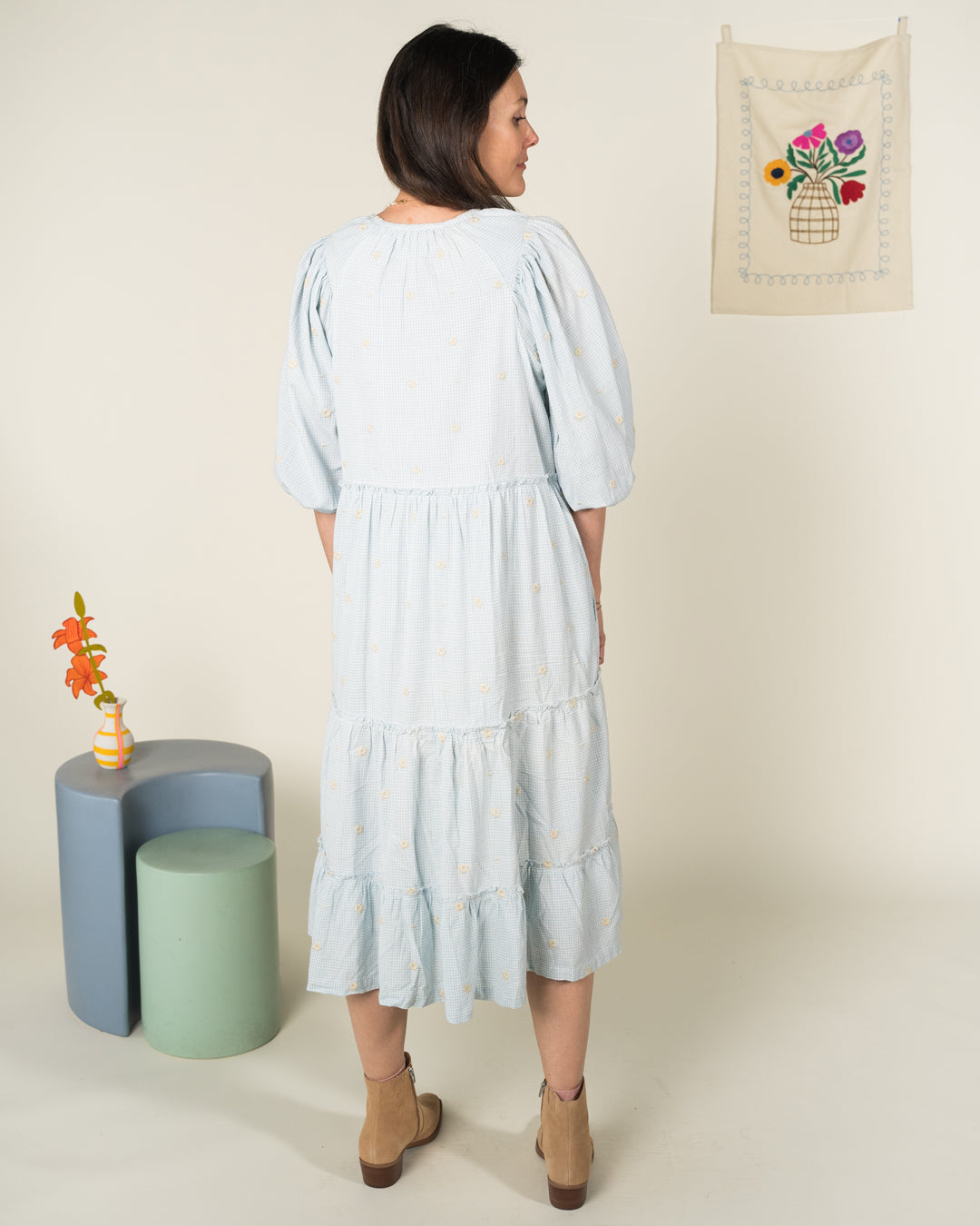 Harper Secret Garden Dress I Blue Gingham Tiered Midi Dress