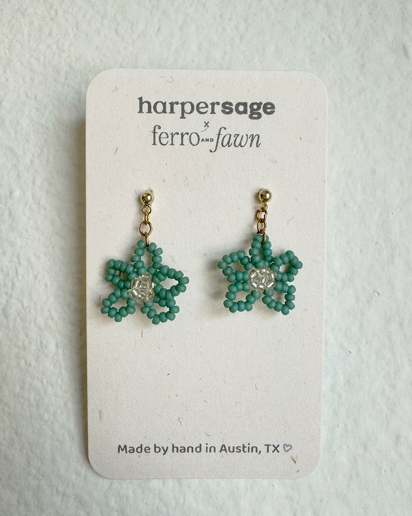 Beaded Daisy Dangle Studs, Dark Green