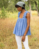 Ruffle strap cotton blue tank