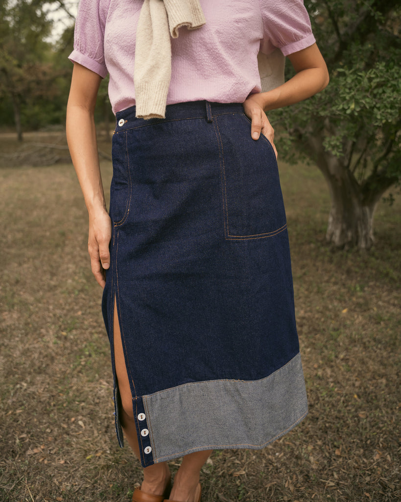 Unique raw denim women’s midi skirt