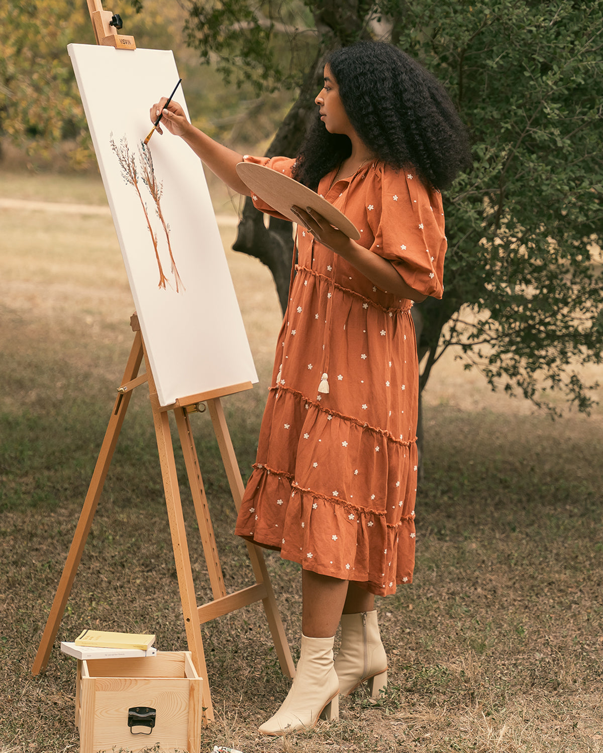 women’s soft linen dress in burnt orange that is ethically made